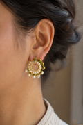 Gulnaar Hoops by KINAHH worn on a model, featuring enamel, pearl detail, and moissanite polki in brass.