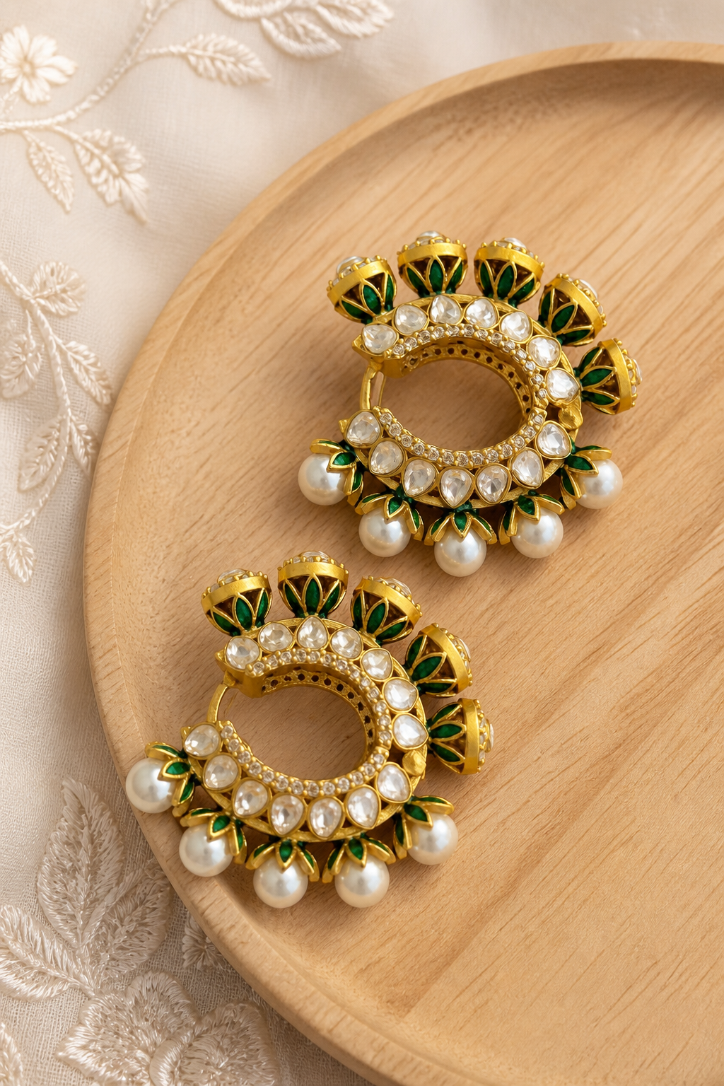 Gulnaar Hoops by KINAHH clean product view showing enamel, pearl detail, and moissanite polki on a brass hoop design.