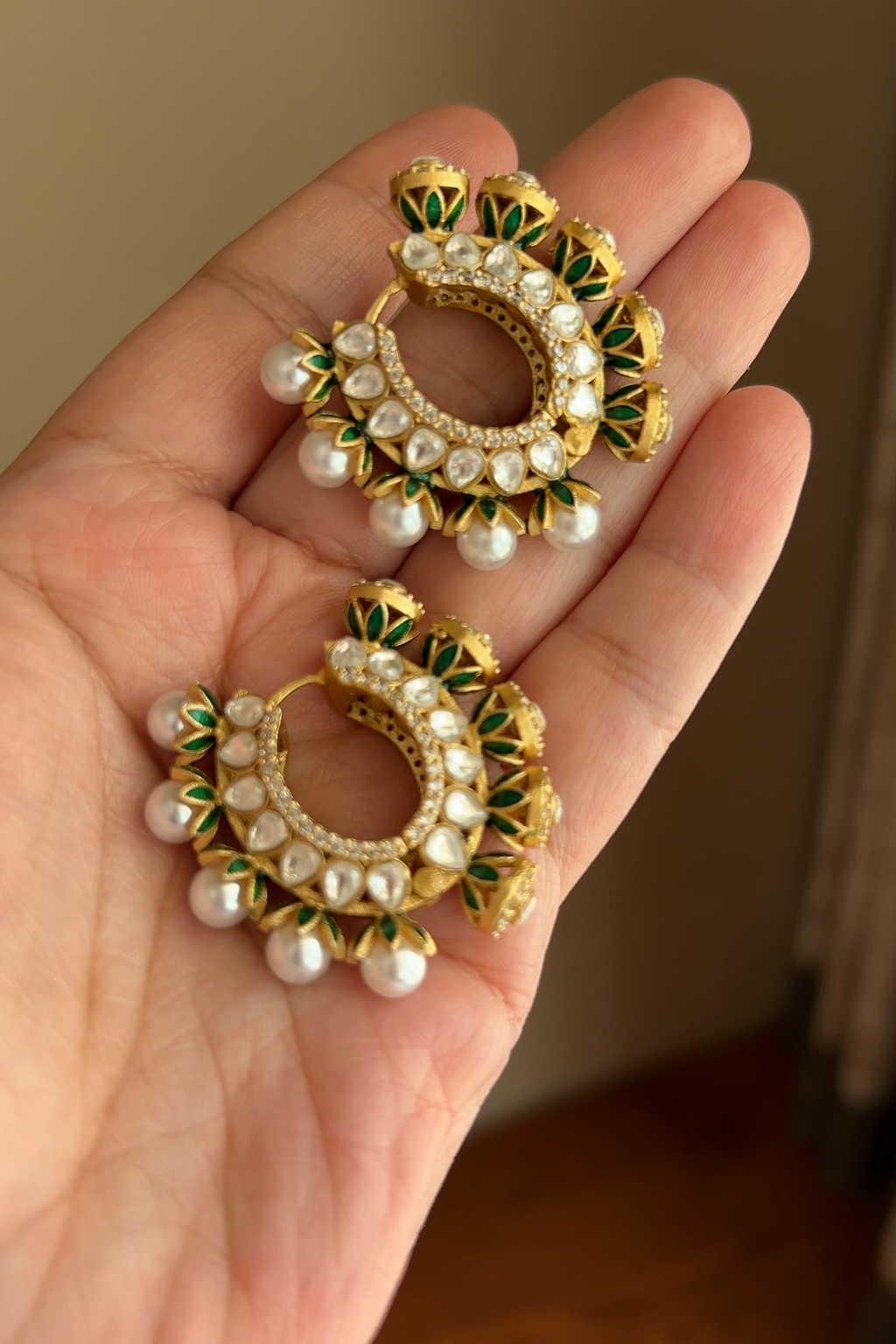 Gulnaar Hoops by KINAHH full product view with asymmetric enamel, pearl, and moissanite polki details in brass.