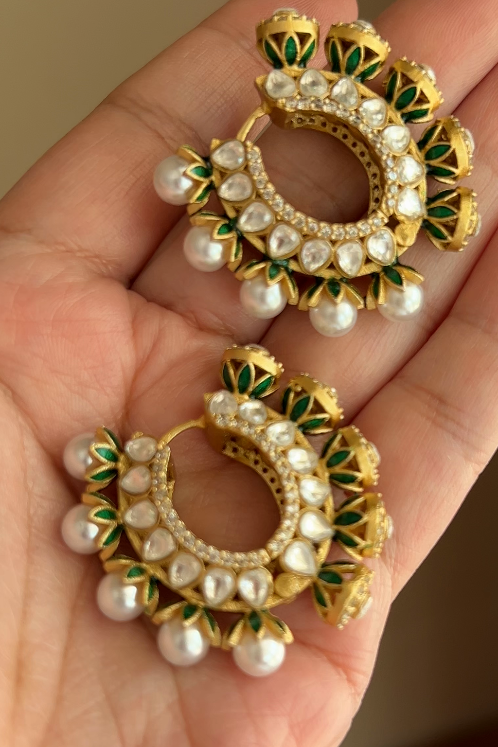 Gulnaar Hoops by KINAHH close-up detail highlighting the enamel finish, pearl accent, and moissanite polki setting.