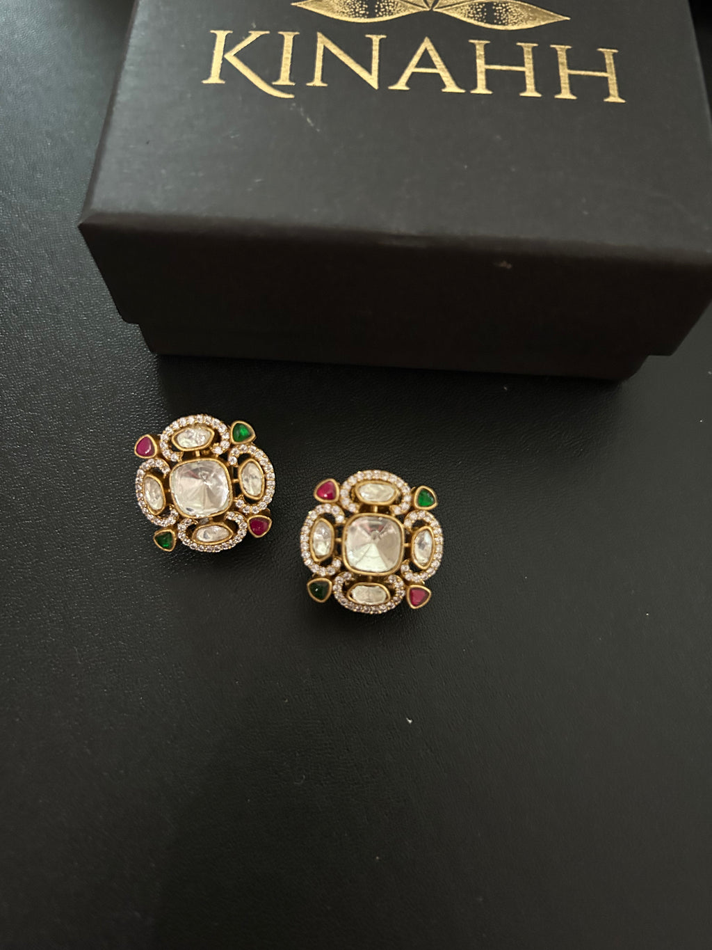 Arzoo brass stud earrings with semi-precious stones and polki by KINAHH.