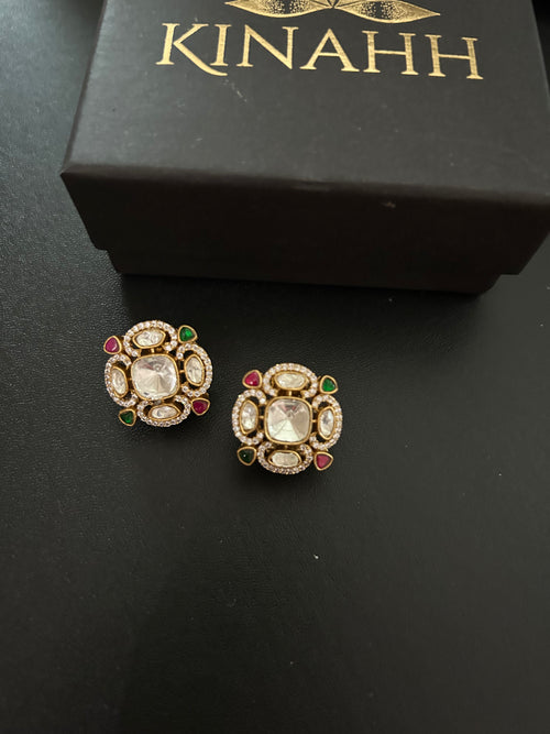 Arzoo brass stud earrings with semi-precious stones and polki by KINAHH.