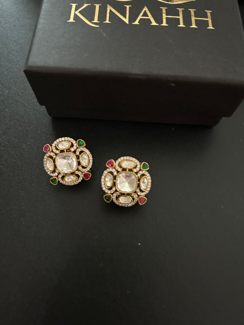 Arzoo stud earrings alternate view showing polki and semi-precious stone detailing.