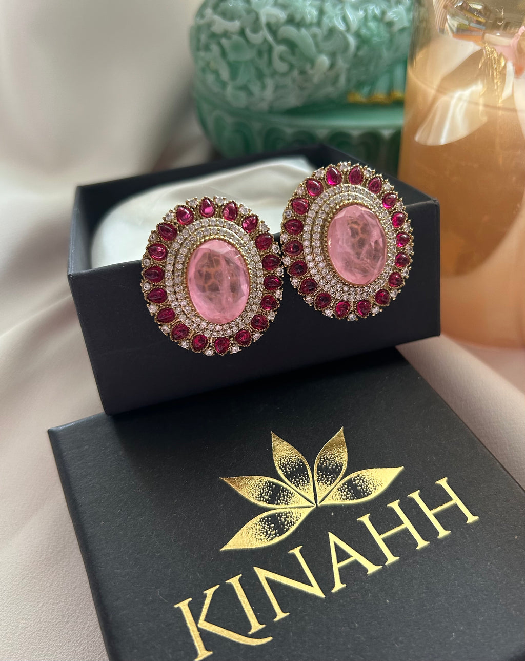 Gulaab Earrings by KINAHH with doublet pink stone and red semi-precious stones in brass.