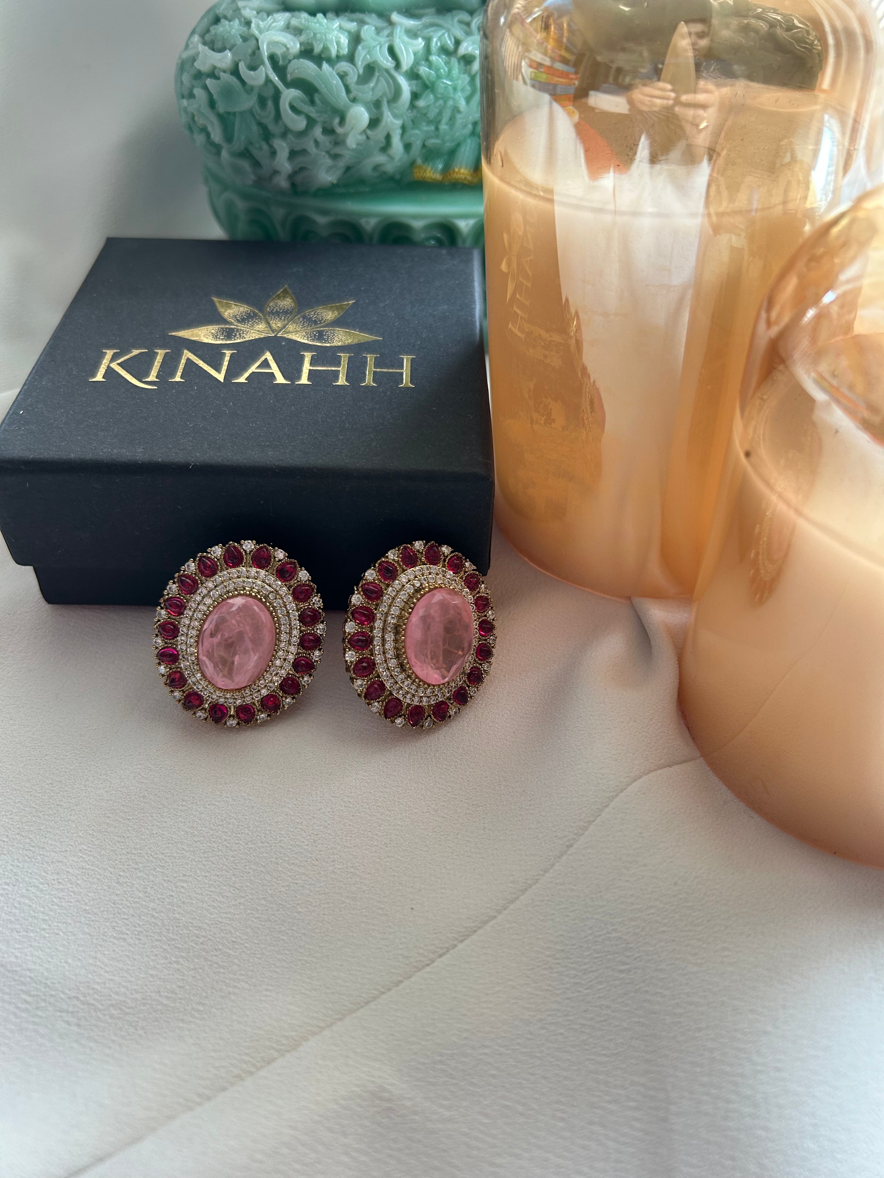 Gulaab Earrings alternate view 3 showing doublet pink stone and red semi-precious stones in brass.