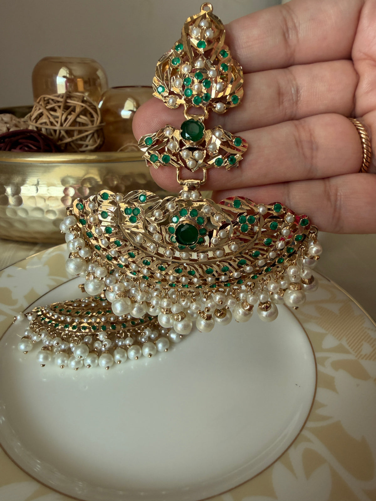 Khwahish Earrings alternate view with traditional brass setting and rich stone accents.
