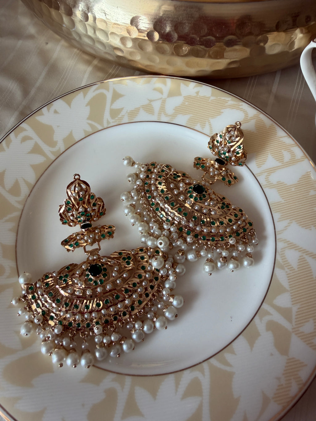 Khwahish Earrings side angle showing semi-precious stones and brass finish.