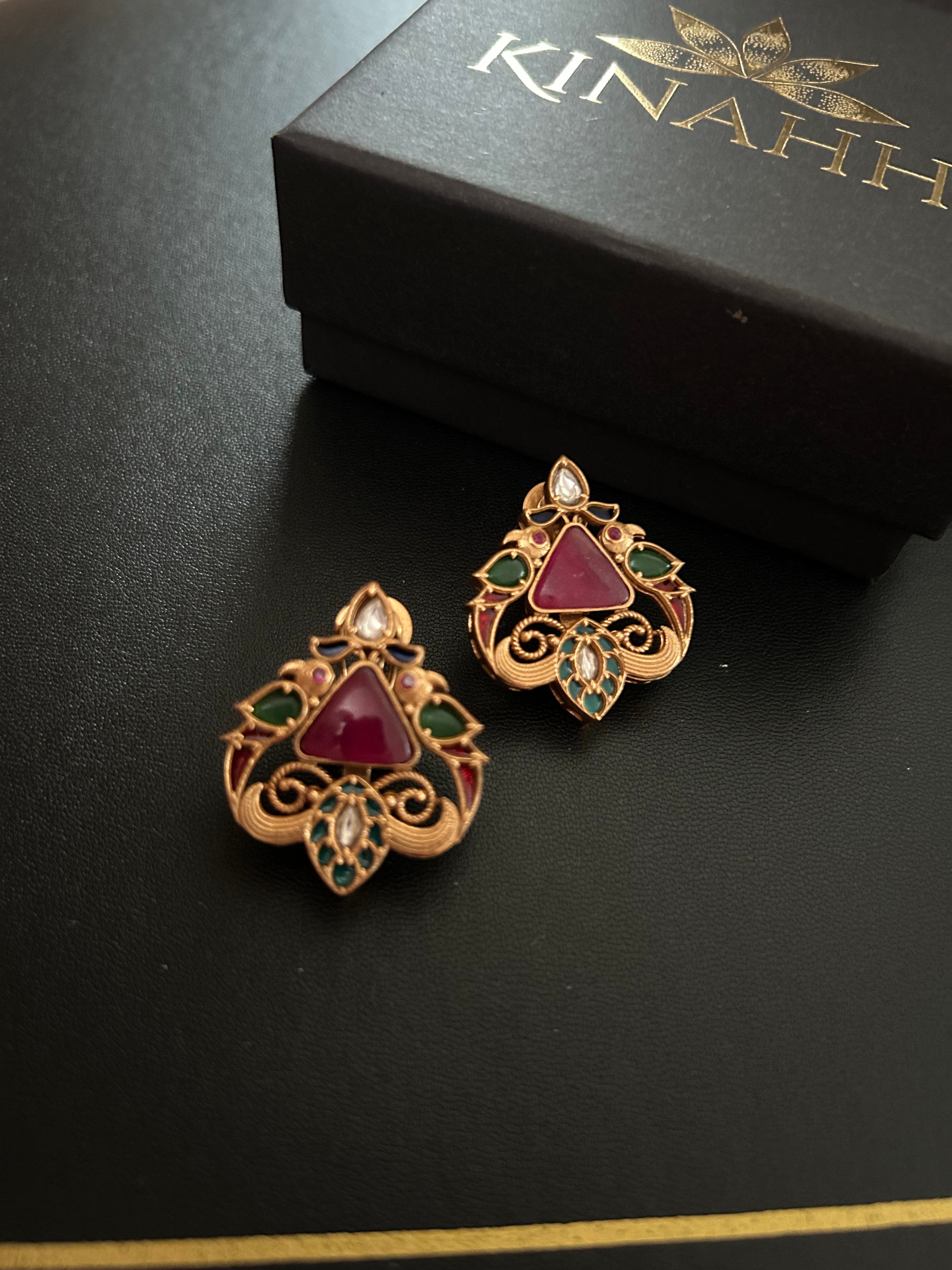 Rooh Studs by KINAHH with semi-precious stones and antique polish in brass.