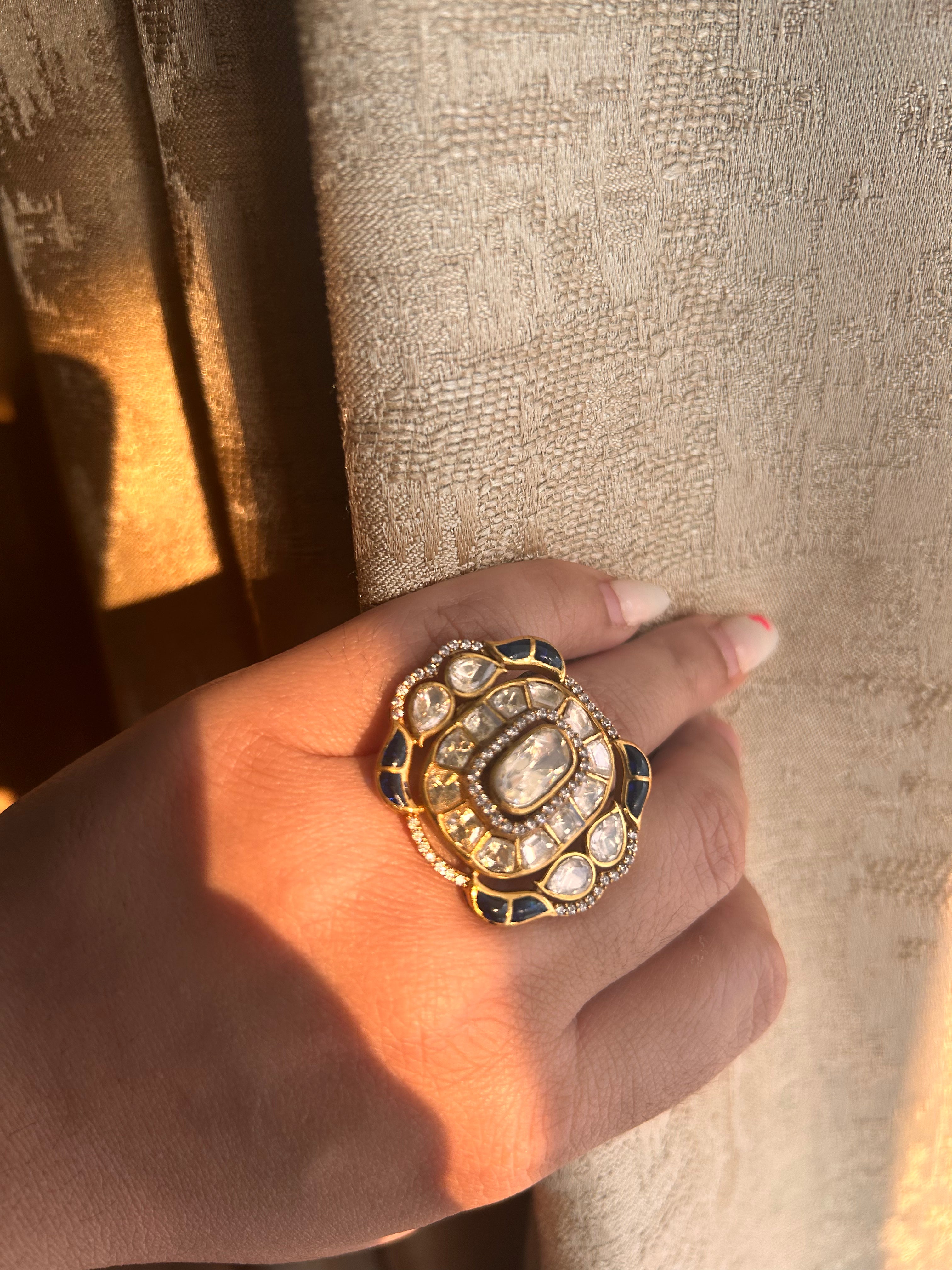 Roza Ring by KINAHH with moissanite polki detailing in brass.