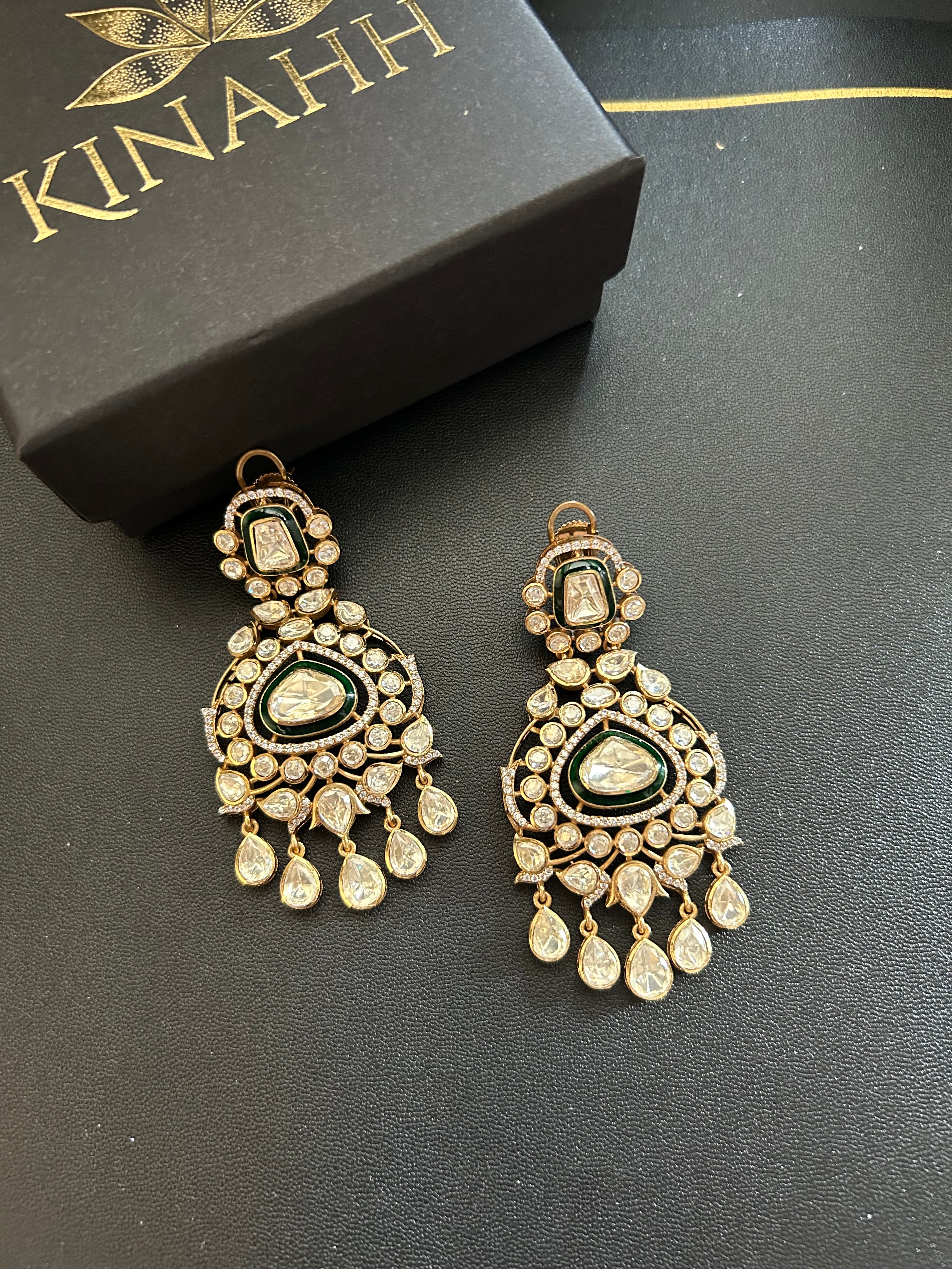 Sitara Earrings alternate view 4 showing moissanite polki in brass.
