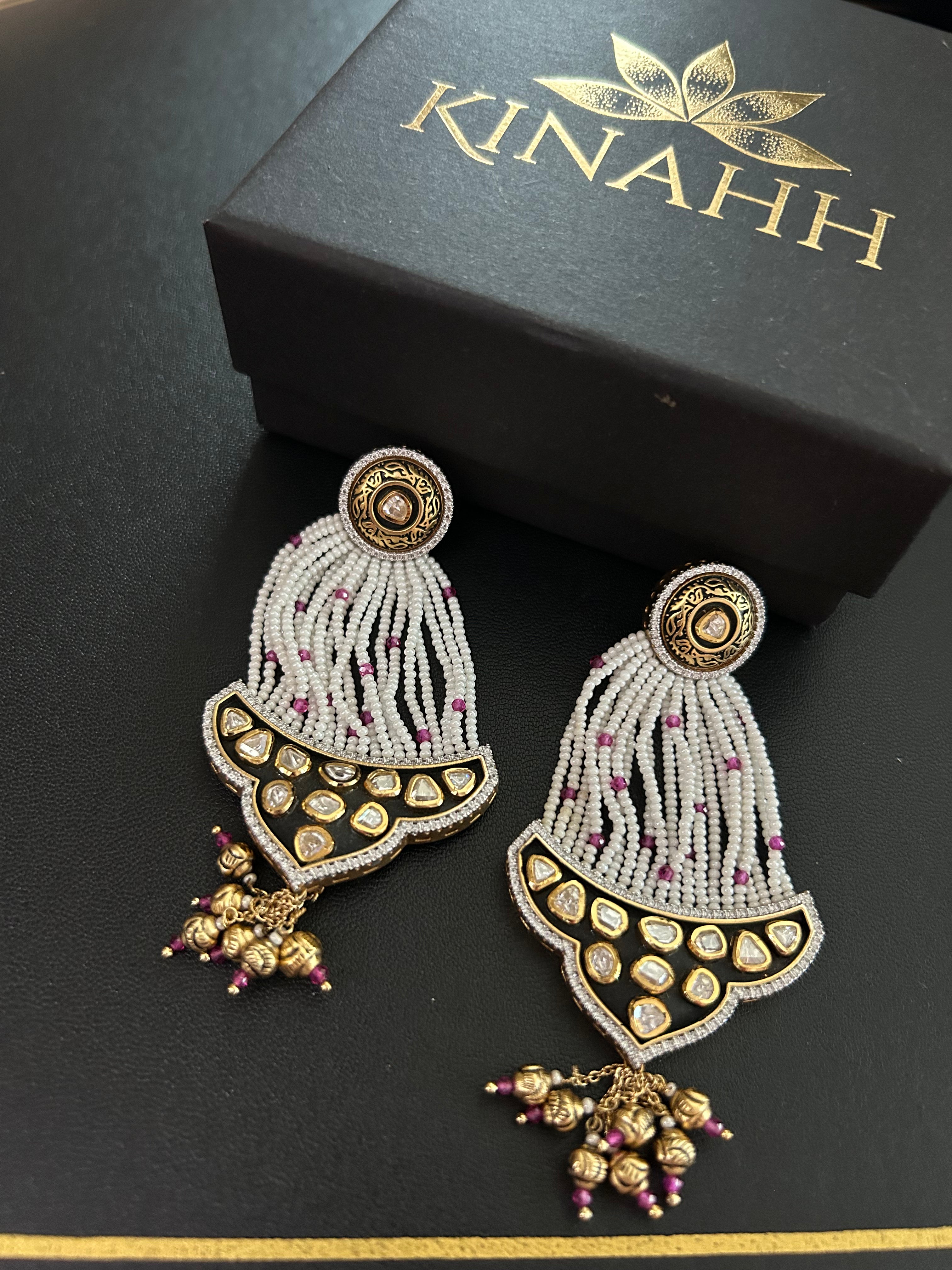 Zahira Earrings by KINAHH with black enamel and artificial polki in brass.