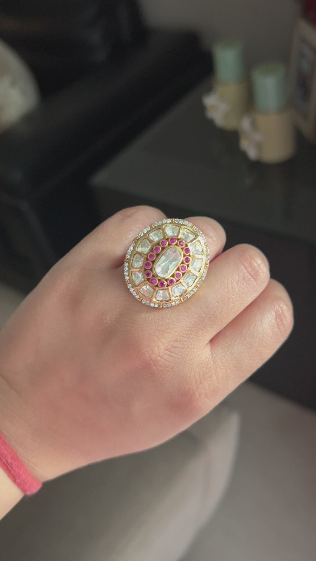 Zeenat Ring video by KINAHH showing moissanite polki detail in brass.