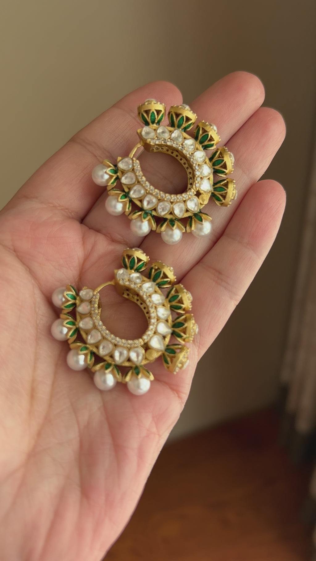Gulnaar Hoops video by KINAHH showing enamel, pearl and moissanite polki accents in brass.