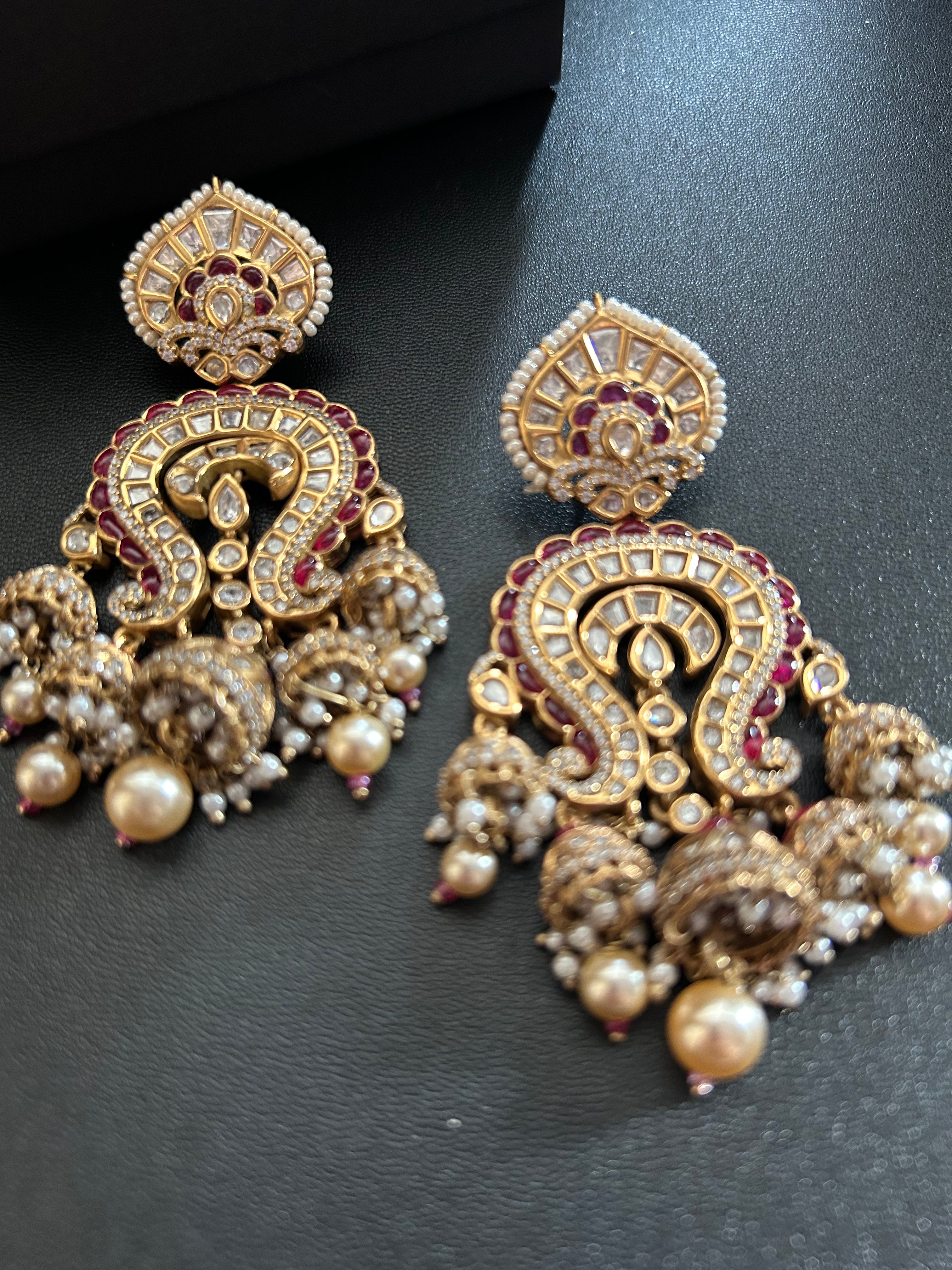 Angled close detail of Saanjh Earrings, showing the layered setting and dangling bead fringe.